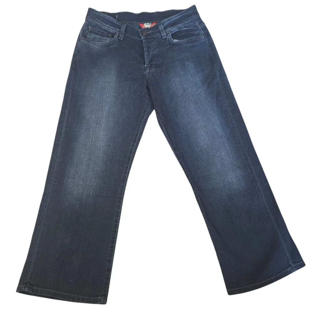 Y2K Lucky Brand Dark Wash Easy Rider Crop Mid Rise Wide Leg Jeans Size 6 / 28 - Picture 2 of 10